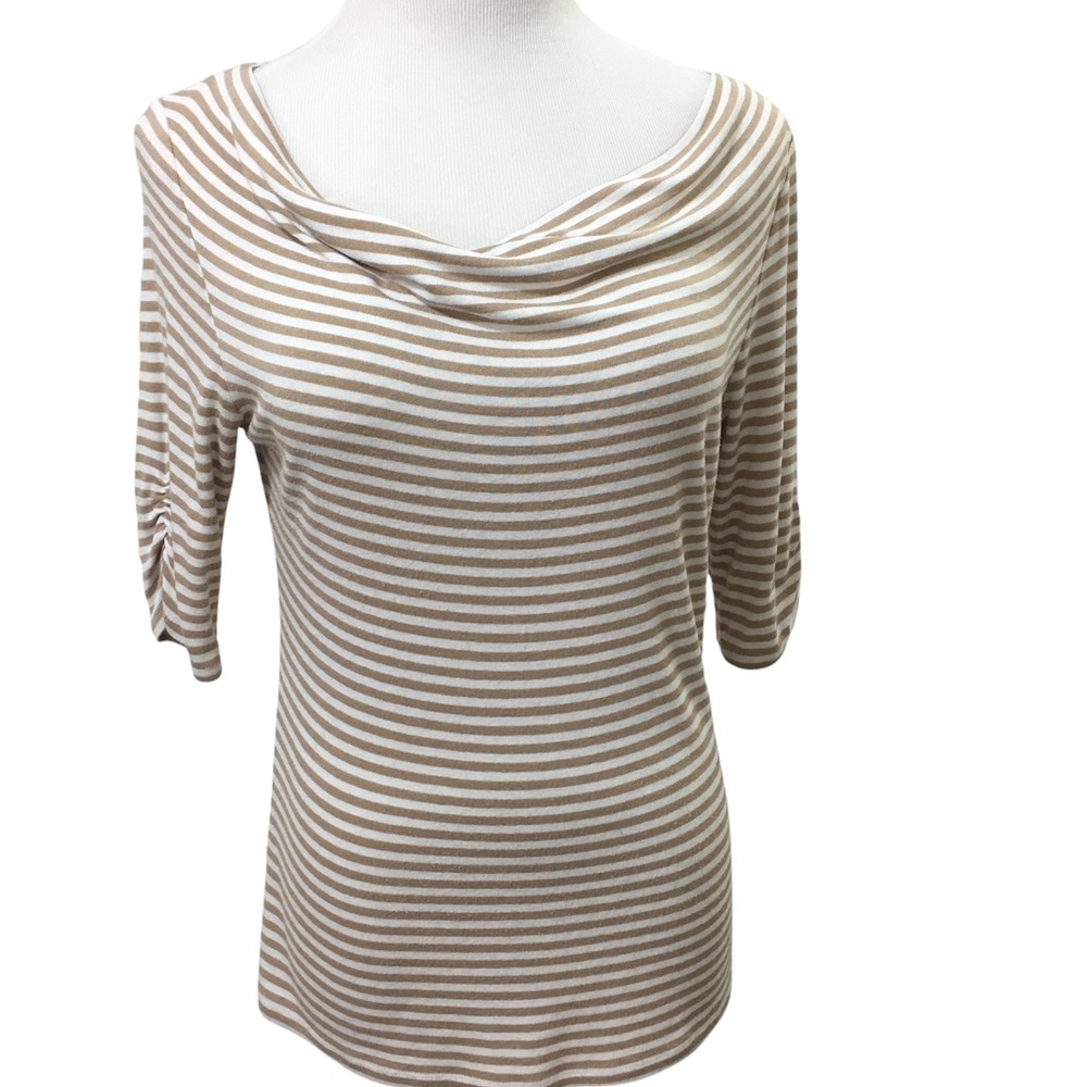 THE LIMITED White Tan Stripe Print Cowl Neck MD Long Sleeve Top